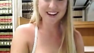 Busty blonde teen masturbating in library on webcam